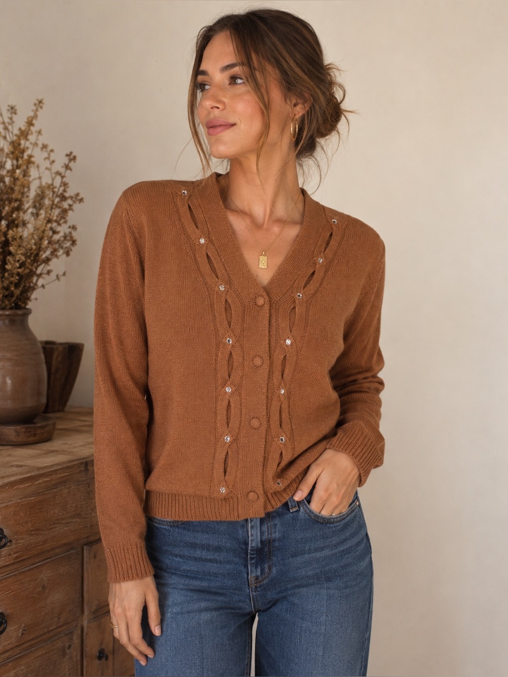 Grace Karin V-neck Women’s Medium Button Up Cardigan Sweater Rhinestone